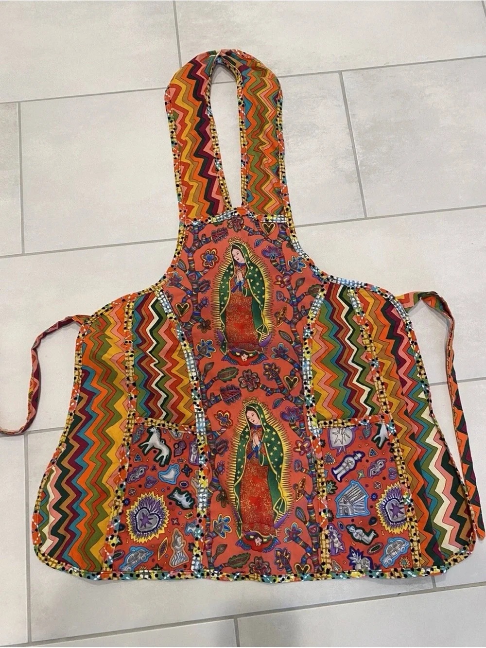 Vibrant Orange Patterned Our Lady of Guadalupe Cath Apron-003*